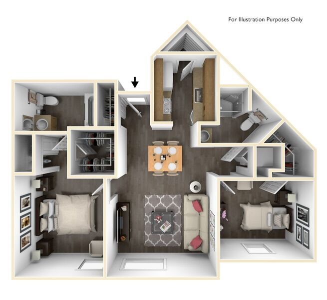 Floor plan for 2 beds, 2 baths, 1040 sqft